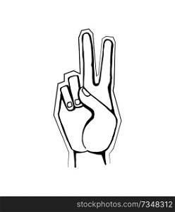 Hand gesture showing symbol of good intentions. Peace sign made by two fingers vector illustration isolated on white background.. Hand Gesture Showing Symbol of Good Intentions