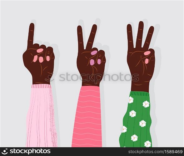 Hand gesture sign vector. Set of counting on fingers. Five wrist icons with finger count in cartoon style. Hands of people.. Hand gesture sign vector. Set of counting on fingers. Five wrist icons with finger count in cartoon style.