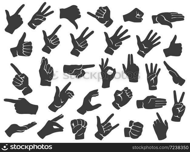 Hand gesture silhouette icons. Man hands gestures, pointing finger and ...