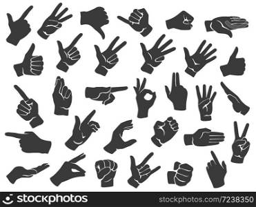Hand gesture silhouette icons. Man hands gestures, pointing finger and thumbs up like icon stencil vector set. Non verbal communication, body language signs, emotional expressions illustration. Hand gesture silhouette icons. Man hands gestures, pointing finger and thumbs up like icon stencil vector set