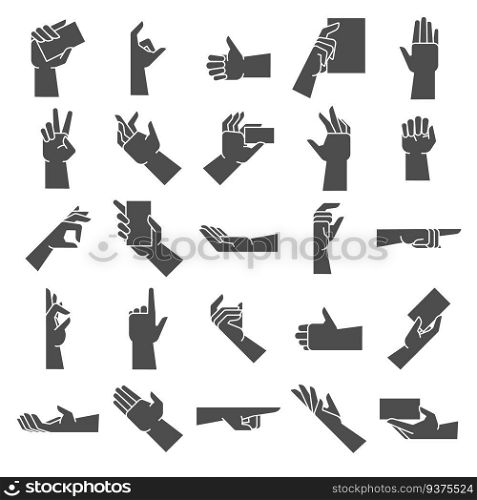 Hand gesture silhouette. Pointing hand gesture, giving handful and hold in hand. Gesturing emotion, palm communication or black hands finger pose. Vector icon isolated illustration set. Hand gesture silhouette. Pointing hand gesture, giving handful and hold in hand vector icon illustration set