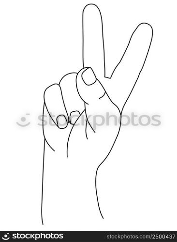 Hand gesture. The mans hand shows two fingers. Gesture number two or gesture V is victory. Vector drawing, sketch, line