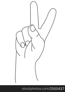 Hand gesture. The mans hand shows two fingers. Gesture number two or gesture V is victory. Vector drawing, sketch, line