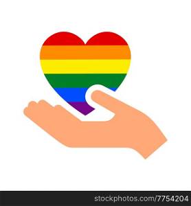 Hand gesture with heart and flag of pride lgbt, drawn fingers hold symbol lgbtq