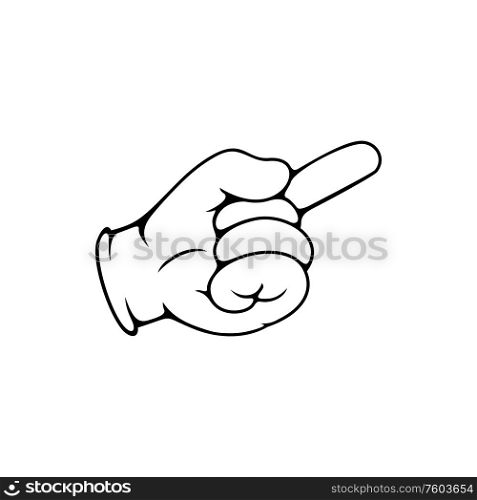 Hand gesture with raised index finger calling someone isolated. Vector pointing forefinger, nonverbal communication. Pointing index finger hand gesture
