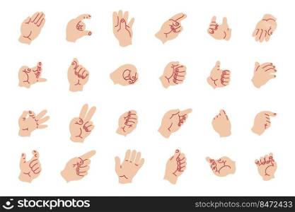 hand gestures. Cartoon minimalistic male and female empty hands with closed and opened palms, pointing fingers and holding gesture. Vector set various collection hands. hand gestures. Cartoon minimalistic male and female empty hands with closed and opened palms, pointing fingers and holding gesture. Vector set