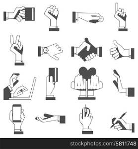 Hand gestures characters black icons collection with credit card and computer mouse symbols abstract vector isolated illustration. Hand icons set black
