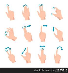 Hand gestures for smartphone, tablet or laptop interactive touchscreen. Finger swipe, touch, zoom, drag and rotate phone screen vector set. Common gestures for device or gadget usage. Hand gestures for smartphone, tablet ot laptop interactive touchscreen. Finger swipe, touch, zoom, drag and rotate phone screen vector set