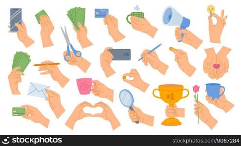 Hand gestures. Human hands hold megaphone, light bulb, pencil and magnifying glass. Palm with envelope, cup, money and heart cartoon vector illustration set. Person with trophy, smartphone. Hand gestures. Human hands hold megaphone, light bulb, pencil and magnifying glass. Palm with envelope, cup, money and heart cartoon vector illustration set