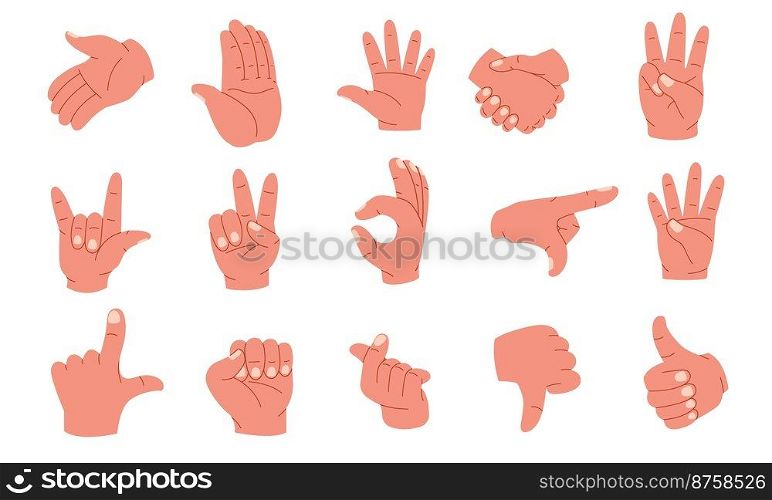 Hand gestures. Human palms and wrist showing emotions and signs, arm poses pointing fingers forefinger thumb up sign language icons. Vector cartoon set. Communication signals, handshake. Hand gestures. Human palms and wrist showing emotions and signs, arm poses pointing fingers forefinger thumb up sign language icons. Vector cartoon set