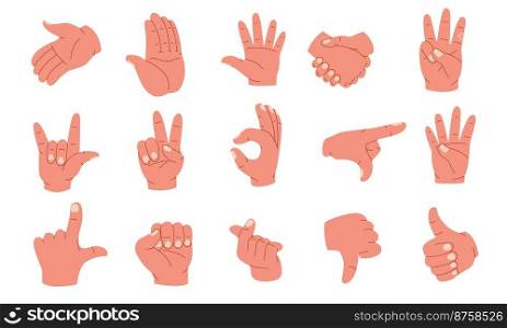 Hand gestures. Human palms and wrist showing emotions and signs, arm poses pointing fingers forefinger thumb up sign language icons. Vector cartoon set. Communication signals, handshake. Hand gestures. Human palms and wrist showing emotions and signs, arm poses pointing fingers forefinger thumb up sign language icons. Vector cartoon set