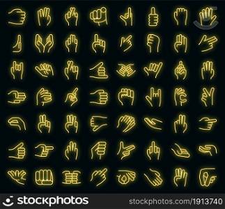 Hand gestures icons set. Outline set of hand gestures vector icons neon color on black. Hand gestures icons set vector neon