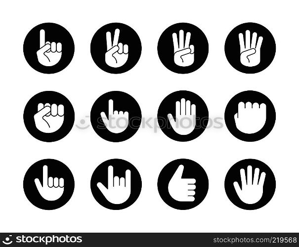 Hand gestures icons set. Point out, approve, hello, heavy metal, thumbs up, fist, direction point symbols. One, two, three, four, five fingers. Vector white silhouettes illustrations in black circles. Hand gestures icons set