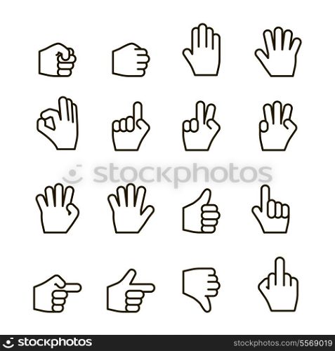 Hand gestures iconset, contour flat isolated vector illustration