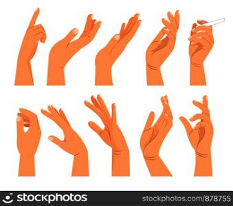Hand gestures in different positions. Vector hands showing and pointing, holding and representing. Hand gestures in different positions
