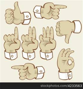 Hand gestures of voting, counting and directions. Vector illustration.