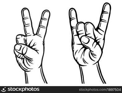 Hand gestures. Outline silhouette. Design element. Vector illustration isolated on white background. Template for books, stickers, posters, cards, clothes.