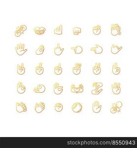 Hand gestures pixel perfect gradient linear vector icons set. Body language. Communication signals. Thin line contour symbol designs bundle. Isolated outline illustrations collection. Hand gestures pixel perfect gradient linear vector icons set