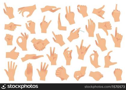 Hand gestures. Various arms, human hands, ok, thumb up and pointing finger, pinch and fist. Optimistic or pessimistic arm gesture, interactive communication vector flat cartoon isolated set. Hand gestures. Various arms, human hands, ok, thumb up and pointing finger, pinch and fist. Optimistic or pessimistic arm gesture, interactive communication vector isolated set