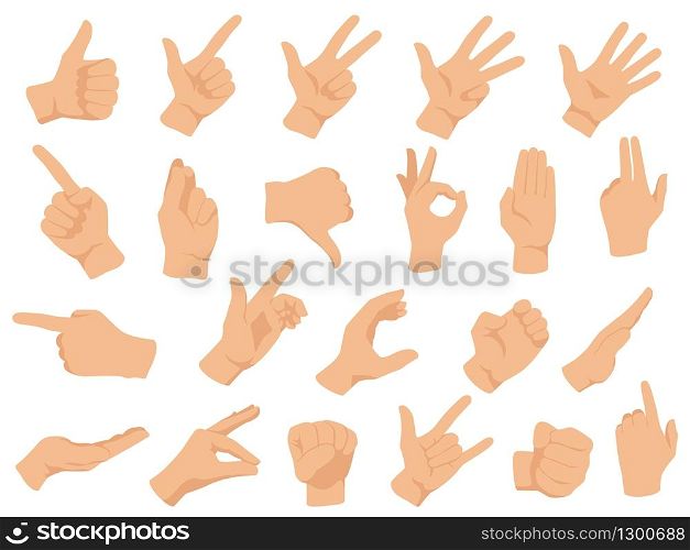 Hand gestures. Vector illustration set, counting fingers. Gesture palm, pointing hand, communication language, pose and gesturing. Hand gestures. Vector illustration set, counting fingers