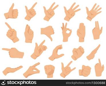 Hand gestures. Vector illustration set, counting fingers. Gesture palm, pointing hand, communication language, pose and gesturing. Hand gestures. Vector illustration set, counting fingers