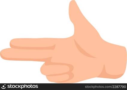 Hand gestute in shape pistol isolated on white. Vector finger pistol, pointing direction, pointer hand illustration. Hand gestute in shape pistol isolated on white