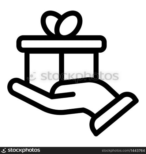 Hand gift box icon. Outline hand gift box vector icon for web design isolated on white background. Hand gift box icon, outline style