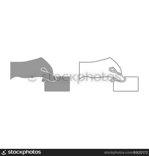 Hand give electronic card icon. Grey set .. Hand give electronic card icon. It is grey set .