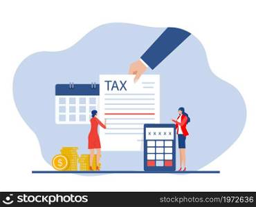 Hand gives notice pay tax financial,paperwork, financial research report and calculation of tax return. Payment of debt. Government, state taxes vector