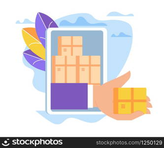 Hand Giving Box Through Smartphone Screen Isolated on White Background. Express Delivery, Online Digital Application for Shipping Order. E-commerce, Digital Technology Flat Vector Illustration, Icon.. Hand Giving Box Through Smartphone Screen, Sales.