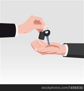 Hand giving car keys with alarm system. Car rental or sale concept. Hand giving car keys with alarm system. Car rental or sale concept. Vector cartoon style isolated