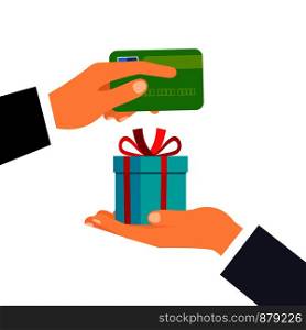 Hand giving credit card and present gift instead, isolated on the with background. Vector illustration. Hands with credit card and gift