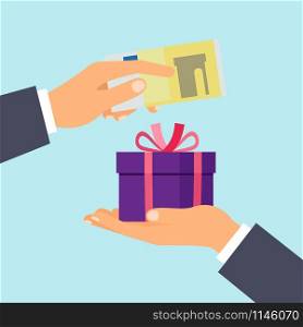 Hand giving euro dollar banknote and present gift instead, vector illustration. Hands with euro banknote and present
