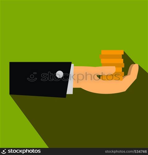Hand giving money icon in flat style on a green background. Hand giving money icon, flat style