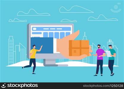 Hand Giving Parcel Box Through Huge Computer Monitor Screen, Online Application for Express Delivery. Courier, E-commerce Sales, Recipients Checking Delivery Note. Cartoon Flat Vector Illustration. Hand Giving Parcel Box Through Huge Monitor Screen