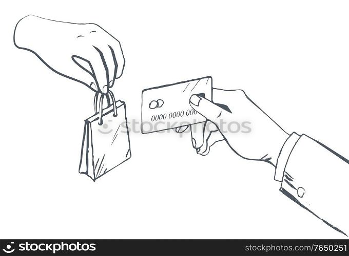 Hand giving shopping paper and taking credit card. Monochrome sketch outline of seller and buyer. Market and paying for products bought in shop or store. Retail business vector in flat style. Selling and Buying Item, Paying with Card Vector