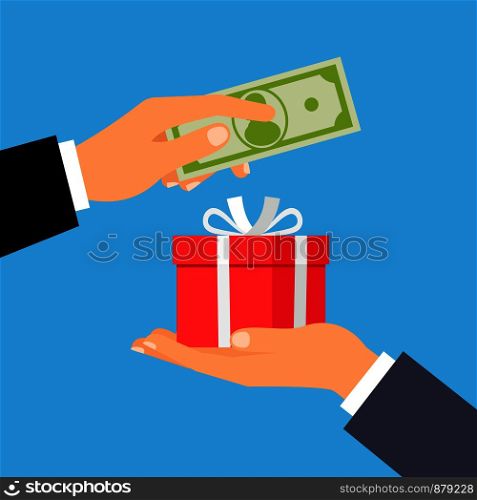 Hand giving US dollar banknote and present gift instead, vector illustration. Hands with money and gift box