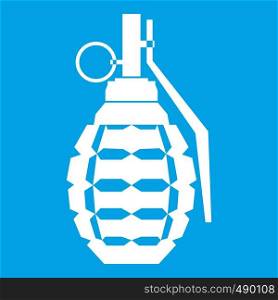 Hand grenade, bomb explosion icon white isolated on blue background vector illustration. Hand grenade, bomb explosion icon white