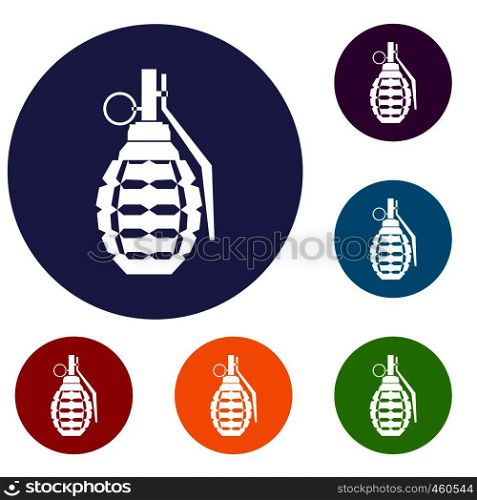 Hand grenade, bomb explosion icons set in flat circle reb, blue and green color for web. Hand grenade, bomb explosion icons set