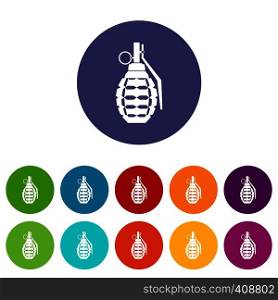 Hand grenade, bomb explosion set icons in different colors isolated on white background. Hand grenade, bomb explosion set icons