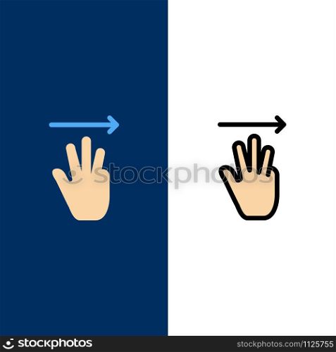 Hand, Hand Cursor, Up, Right Icons. Flat and Line Filled Icon Set Vector Blue Background