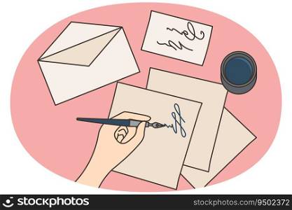 Hand handwriting letter with pen sitting on desk. Person writing note to send with post mail. Vector illustration.. Person writing letter with pen