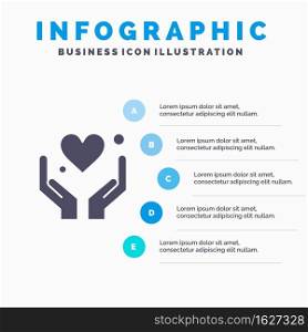 Hand, Heart, Love, Motivation Solid Icon Infographics 5 Steps Presentation Background