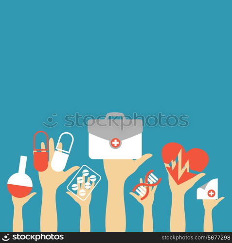 hand held items medicine on a blue background