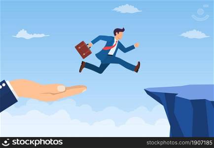 hand helping businessman jump through the gap in the rocks. an employee with a running jump from one cliff to another. the concept of business risk and success.Vector illustration in flat style.. businessman jump through the gap in the rocks.