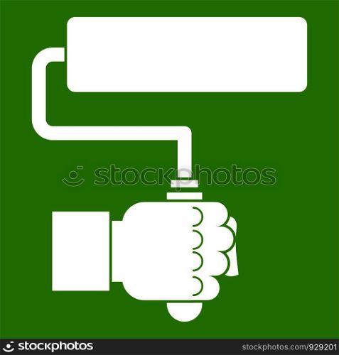 Hand hoding paint roller icon white isolated on green background. Vector illustration. Hand hoding paint roller icon green