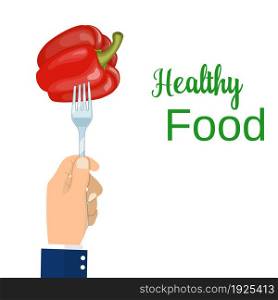 Hand hold a pepper on a fork. Healthy food concept. Veggie food, eat vitamins. Vector illustration flat design.. Hand hold a pepper on a fork,