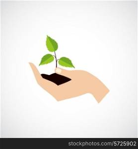 Hand hold and protect plant sprout eco world symbol vector illustration