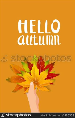 Hand hold autumn colorful leaves bright bouquet fall, floral. Hello Autumn lettering. Hand hold autumn colorful leaves bright bouquet fall, floral. Hello Autumn lettering. Vector illustration isolated