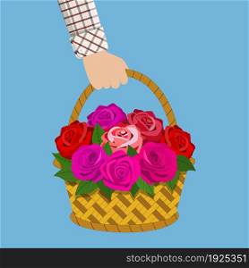 hand hold Bouquet of roses in the basket. illustration in flat design.. Bouquet of roses in the basket